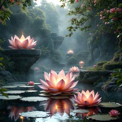 The primary subject of the image is a beautiful garden scene featuring a pond with floating flowers, including a variety of pink and white flowers. The setting is a serene, natural environment with a waterfall and a forest in the background. The visual style of the image is a combination of photo and digital art, creating a realistic yet artistic representation of the garden. The colors and mood of the scene are predominantly pink and white, giving it a peaceful and calming atmosphere.